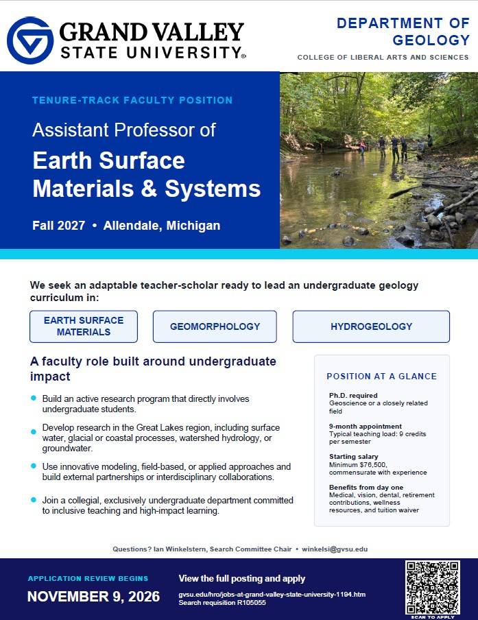 promotional flyer for geology department tenture track search for a faculty member in earth materials and systems